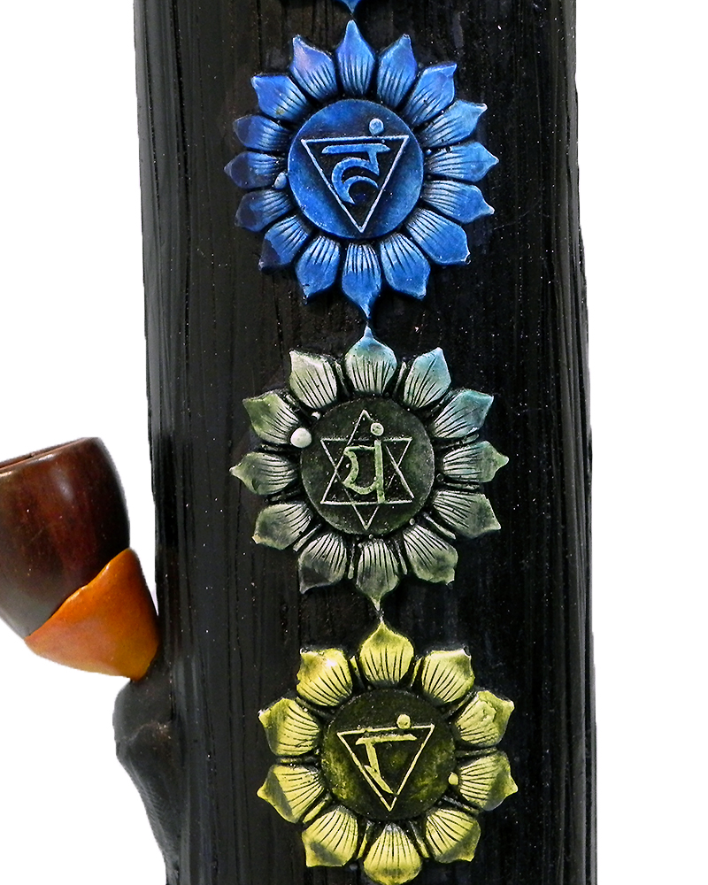 Handcrafted tobacco smoking water pipe of seven chakra aligned symbols with purple lotus flower base.