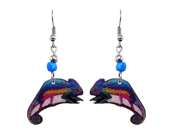 Mia Jewel Shop: Chameleon lizard acrylic dangle earrings with beaded metal hooks in rainbow colors.