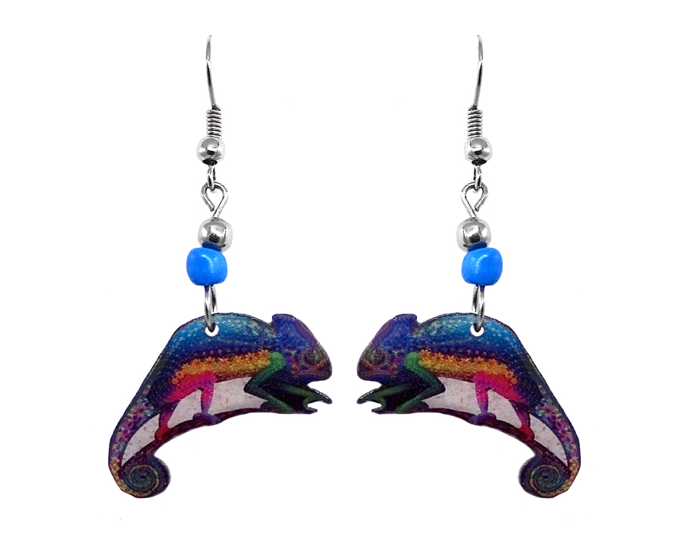EA-041101359900 Mia Jewel Shop: Chameleon lizard acrylic dangle earrings with beaded metal hooks in rainbow colors.