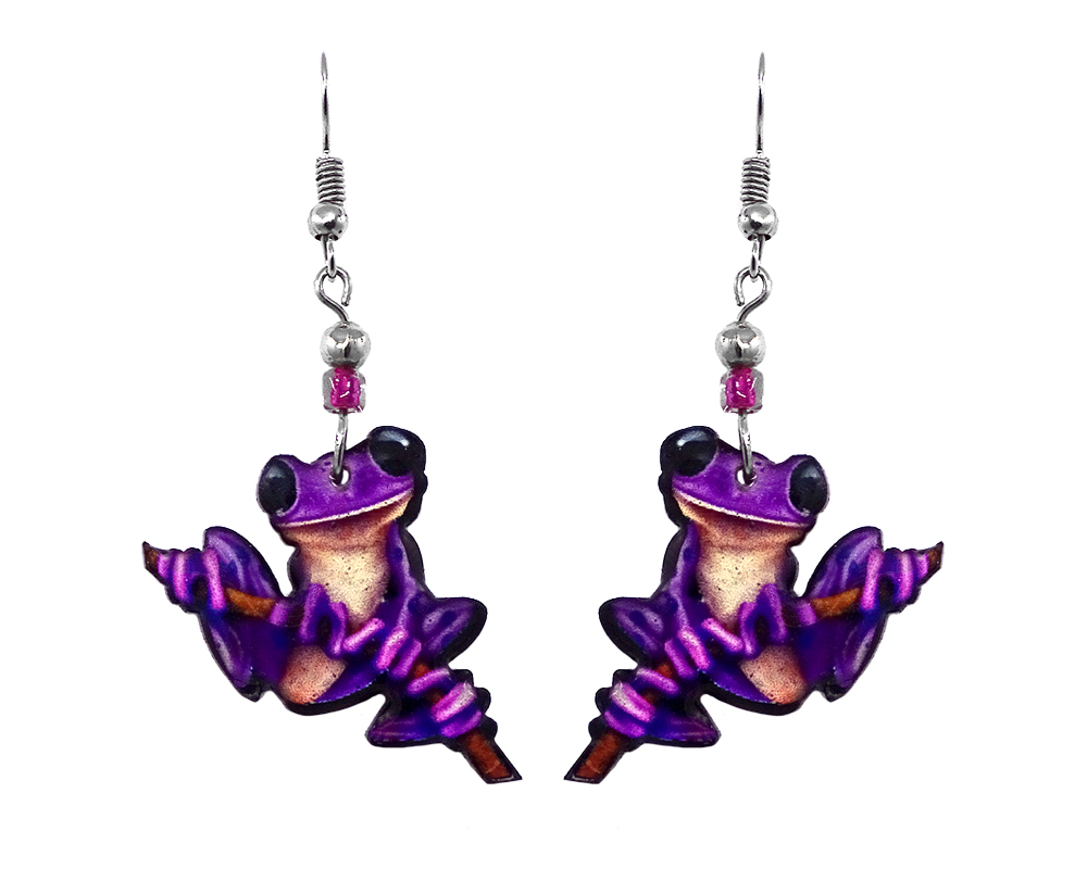 Mia Jewel Shop: Tree frog acrylic dangle earrings with beaded metal hooks in purple, beige, and black color combination.