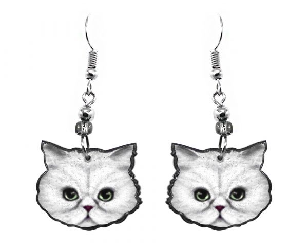 Mia Jewel Shop: Persian kitten cat face acrylic dangle earrings with beaded metal hooks in white, gray, black, green, and dark pink color combination.