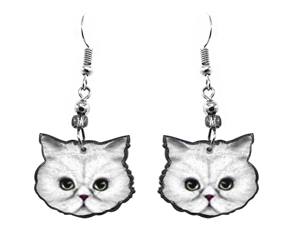 Mia Jewel Shop: Persian kitten cat face acrylic dangle earrings with beaded metal hooks in white, gray, black, green, and dark pink color combination.