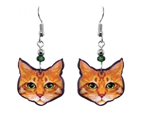 Mia Jewel Shop: Tabby cat face acrylic dangle earrings with beaded metal hooks in orange, golden yellow, white, lime green, and black color combination.