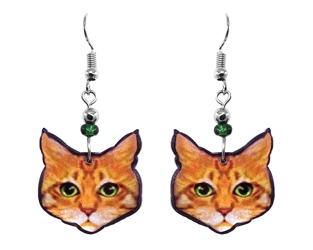 EA-041302020004 Mia Jewel Shop: Tabby cat face acrylic dangle earrings with beaded metal hooks in orange, golden yellow, white, lime green, and black color combination.