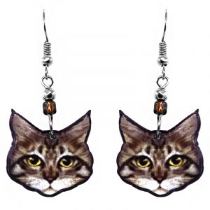 Mia Jewel Shop: Fluffy Tabby cat face acrylic dangle earrings with beaded metal hooks in brown, beige, white, yellow, amd black color combination.