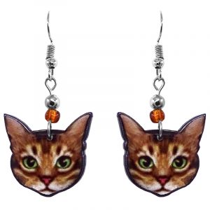 Mia Jewel Shop: Tabby cat face acrylic dangle earrings with beaded metal hooks in brown, beige, white, lime green, pink, and black color combination.