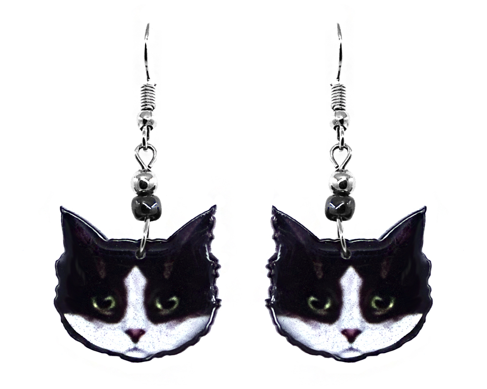 EA-041302090004 Mia Jewel Shop: Tuxedo cat face acrylic dangle earrings with beaded metal hooks in black, white, lime green, and burgundy color combination.