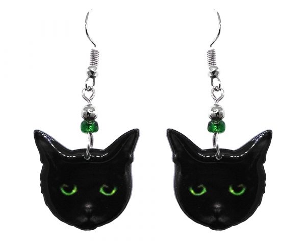 Mia Jewel Shop: Black Bombay cat face acrylic dangle earrings with beaded metal hooks in black and lime green color combination.