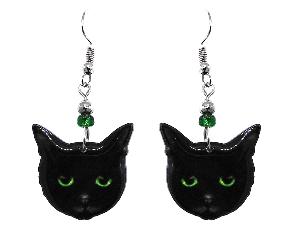 Mia Jewel Shop: Black Bombay cat face acrylic dangle earrings with beaded metal hooks in black and lime green color combination.