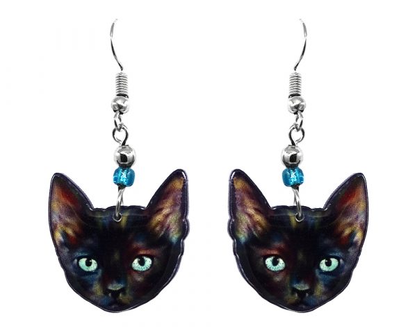 Mia Jewel Shop: Tortoiseshell cat face acrylic dangle earrings with beaded metal hooks in black, light blue, and multicolored color combination.