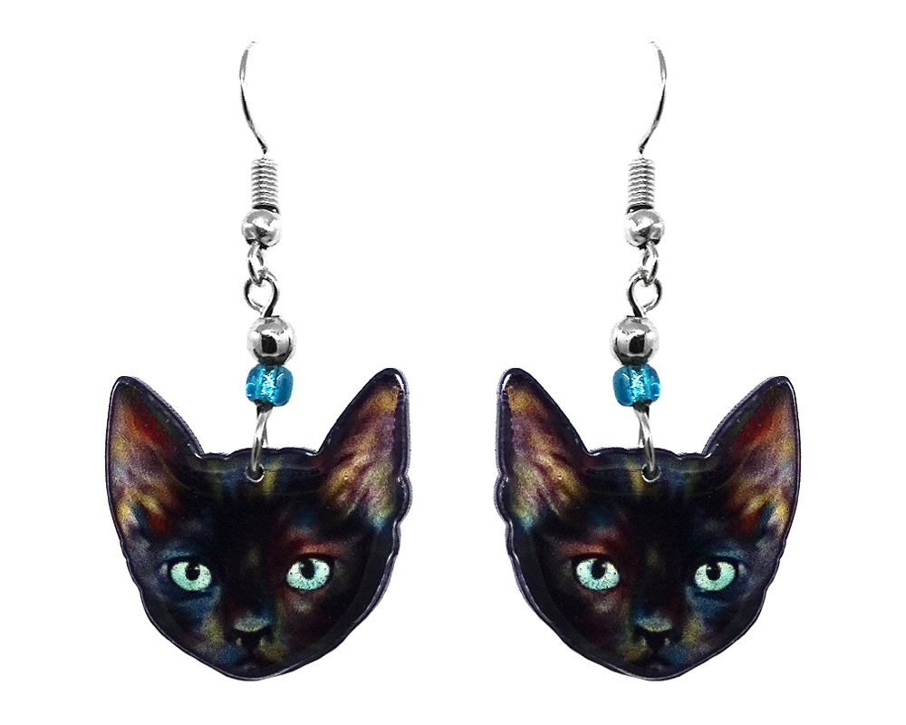 EA-041302099935 Mia Jewel Shop: Tortoiseshell cat face acrylic dangle earrings with beaded metal hooks in black, light blue, and multicolored color combination.