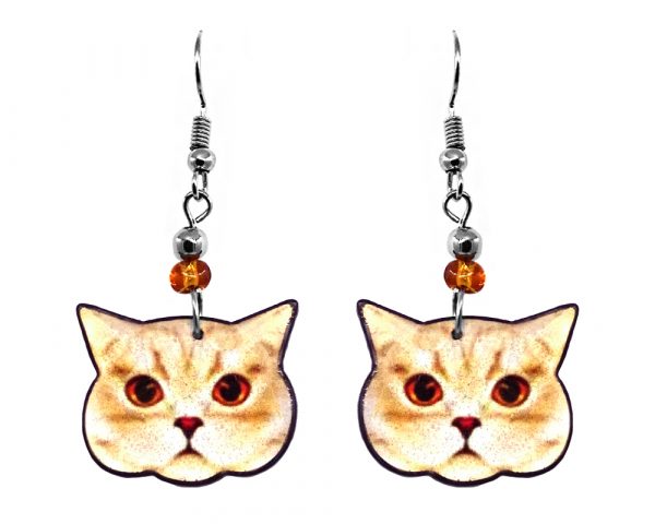 Mia Jewel Shop: British Shorthair cat face acrylic dangle earrings with beaded metal hooks in orange, peach, white, and black color combination.