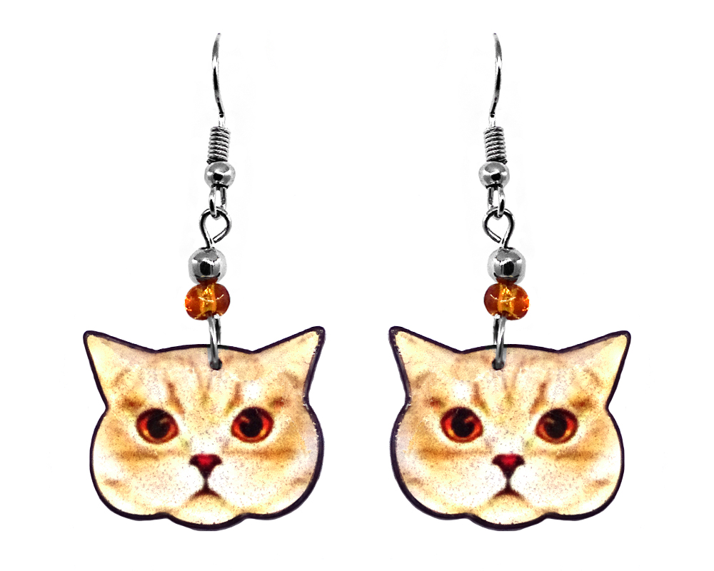 Mia Jewel Shop: British Shorthair cat face acrylic dangle earrings with beaded metal hooks in orange, peach, white, and black color combination.