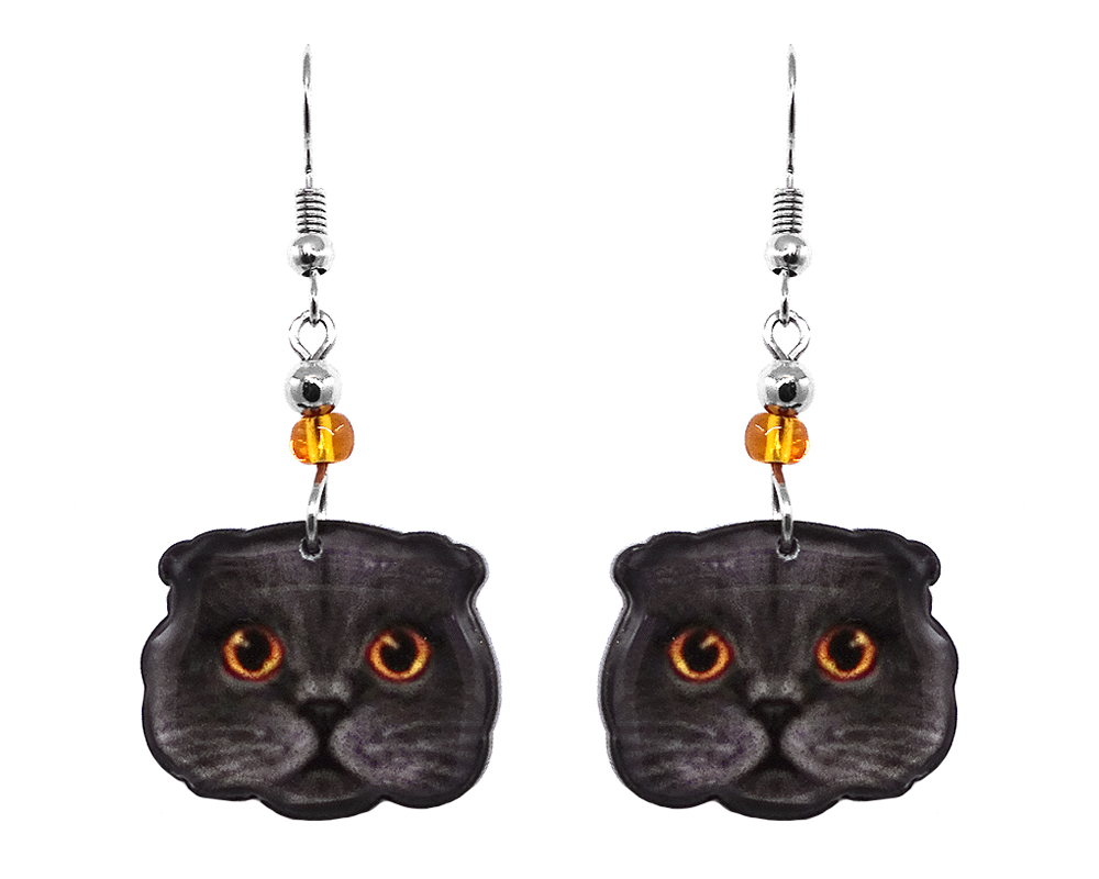 EA-041302191933 Mia Jewel Shop: Scottish Fold cat face acrylic dangle earrings with beaded metal hooks in gray, blacl, and golden yellow color combination.