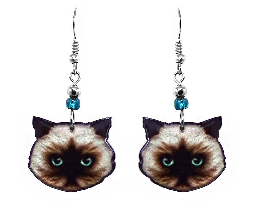 EA-041302280035 Mia Jewel Shop: Himalayan cat face acrylic dangle earrings with beaded metal hooks in brown, beige, gray, light blue, and black color combination.