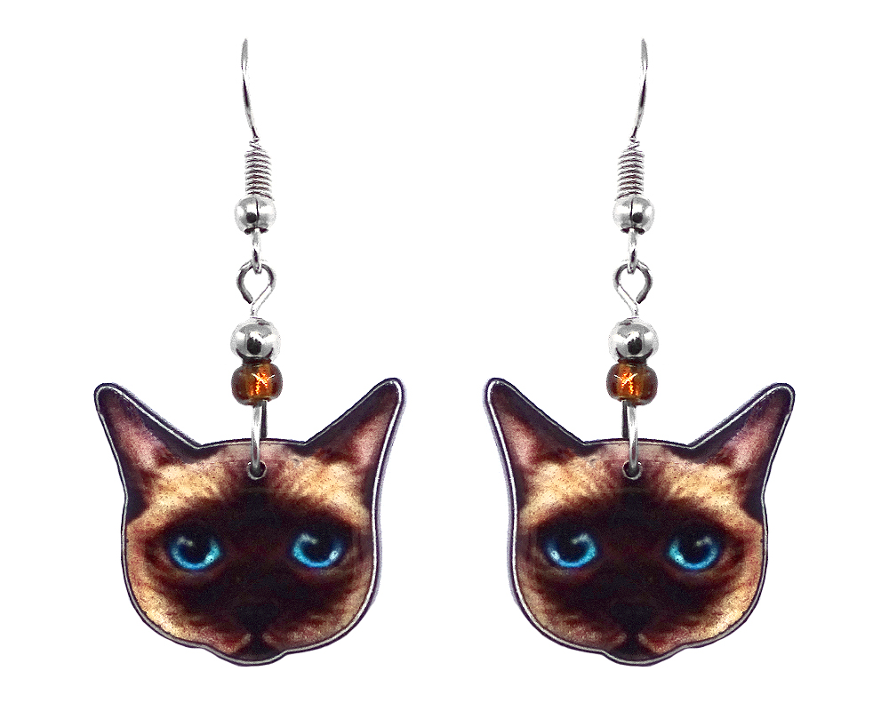 EA-041302283835 Mia Jewel Shop: Siamese cat face acrylic dangle earrings with beaded metal hooks in brown, beige, light blue, and black color combination.