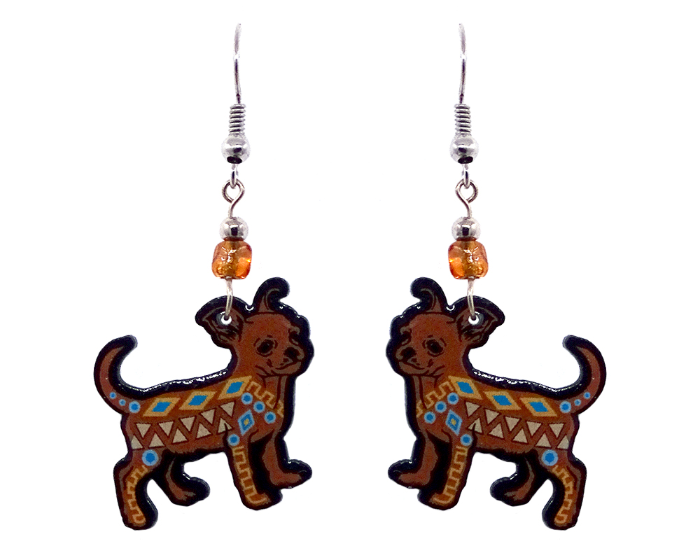 Mia Jewel Shop: Tribal pattern Chihuahua dog acrylic dangle earrings with beaded metal hooks in tan, brown, beige, turquoise blue, and black color combination.