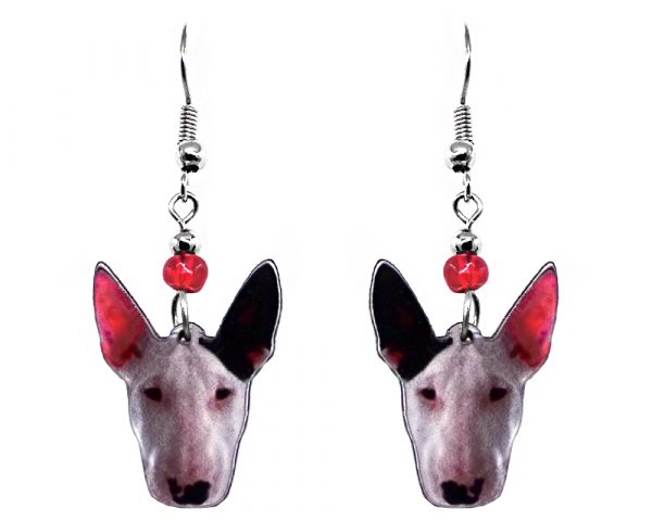 Mia Jewel Shop: Bull Terrier dog face acrylic dangle earrings with beaded metal hooks in white, dark brown, red, pink, and back color combination.