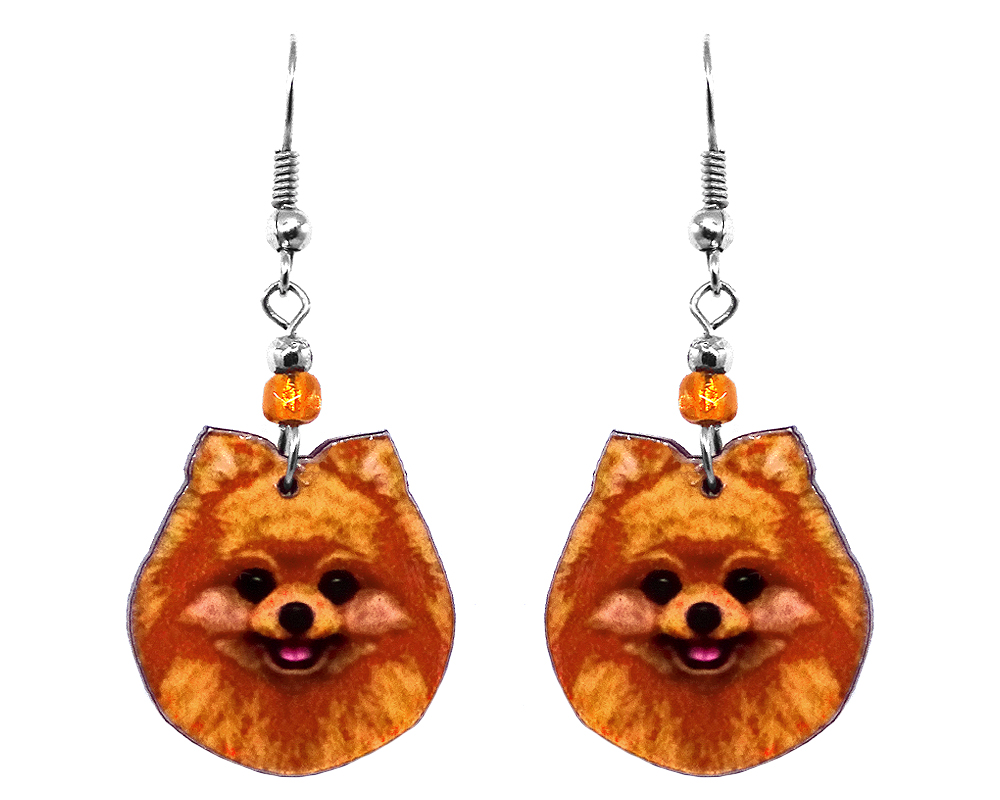 EA-041401020907 Mia Jewel Shop: Pomeranian dog face acrylic dangle earrings with beaded metal hooks in orange, tan, and black color combination.
