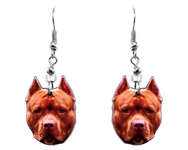 Mia Jewel Shop: Pitbull Terrier dog face acrylic dangle earrings with beaded metal hooks in dark red, orange tan, brown, and black color combination.