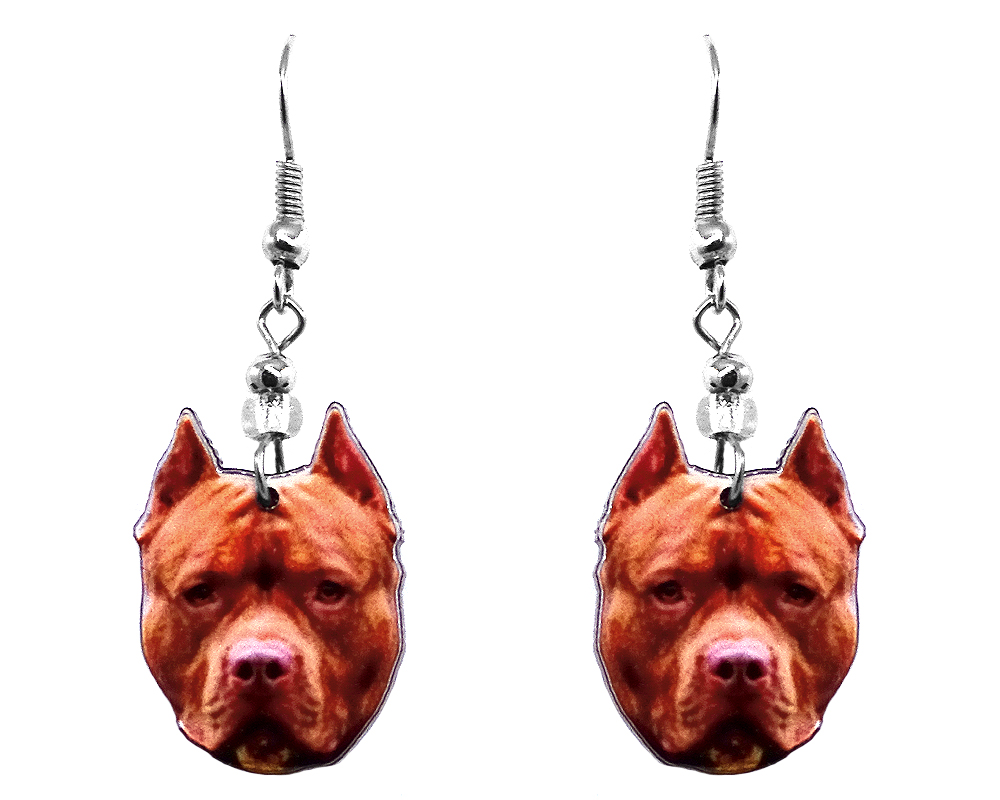 EA-041401080218 Mia Jewel Shop: Pitbull Terrier dog face acrylic dangle earrings with beaded metal hooks in dark red, orange tan, brown, and black color combination.