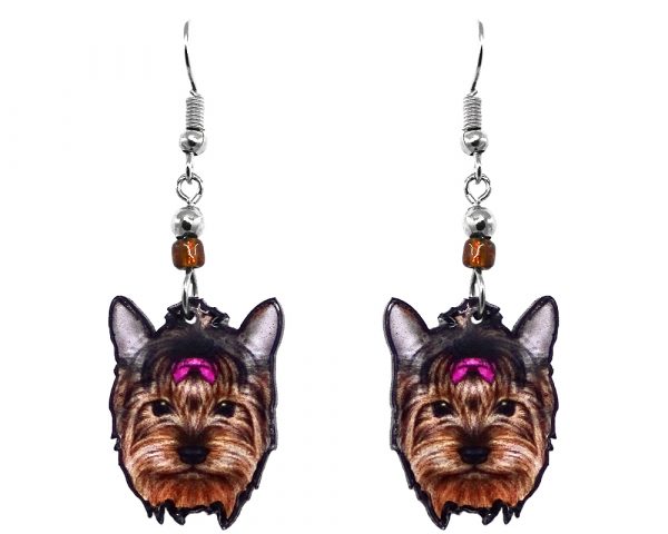 Mia Jewel Shop: Yorkie dog face acrylic dangle earrings with beaded metal hooks in brown, beige, gray, hot pink, and black color combination.