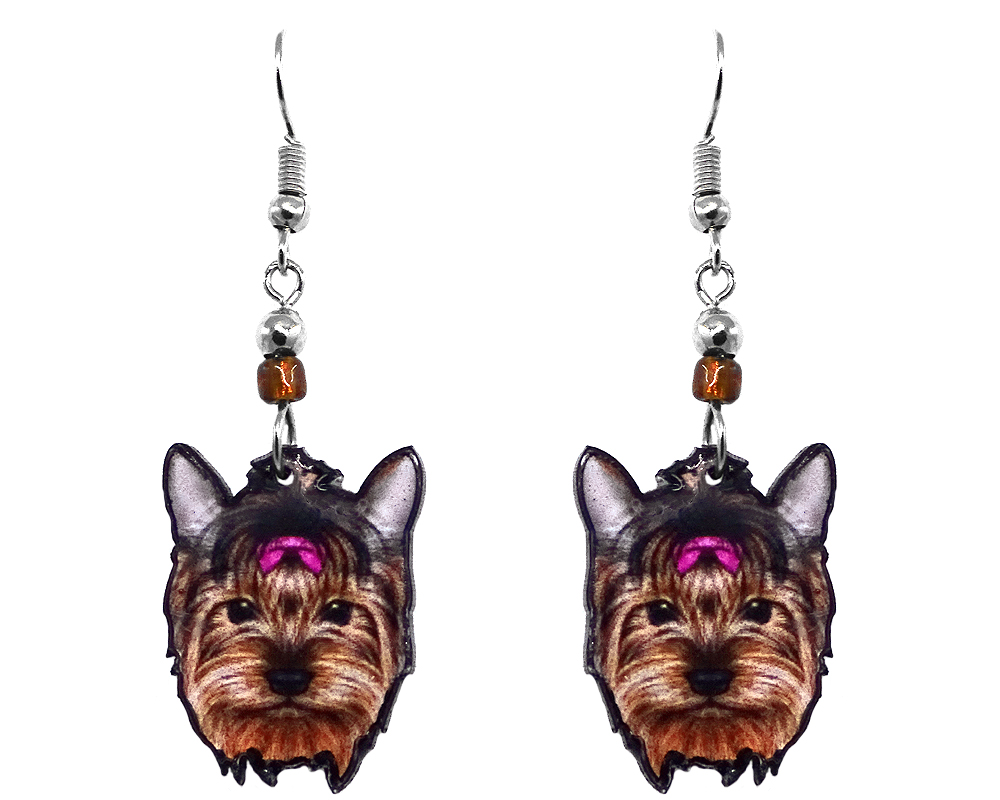 EA-041401080937 Mia Jewel Shop: Yorkie dog face acrylic dangle earrings with beaded metal hooks in brown, beige, gray, hot pink, and black color combination.