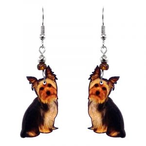 Mia Jewel Shop: Yorkie dog acrylic dangle earrings with beaded metal hooks in black, brown, tan, and orange color combination.