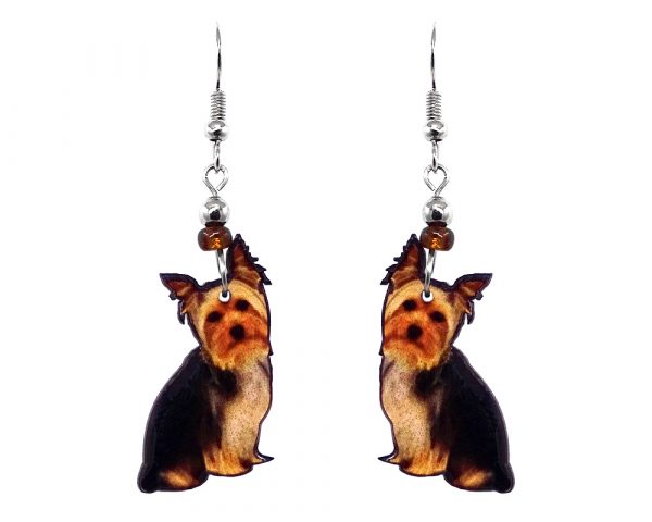 Mia Jewel Shop: Yorkie dog acrylic dangle earrings with beaded metal hooks in black, brown, tan, and orange color combination.