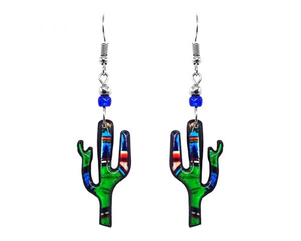 Mia Jewel Shop: Abstract art pattern Saguaro cactus acrylic dangle earrings with beaded metal hooks in lime green, blue, black, and red color combination.