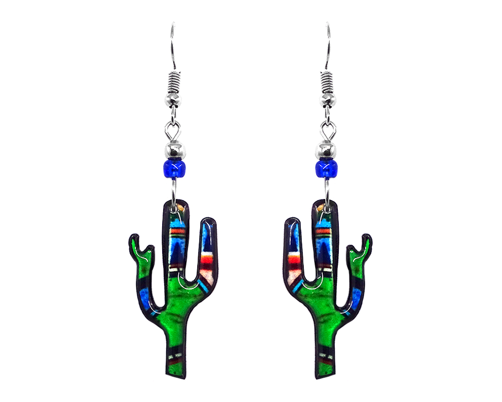 Mia Jewel Shop: Abstract art pattern Saguaro cactus acrylic dangle earrings with beaded metal hooks in lime green, blue, black, and red color combination.