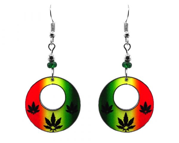 Round-shaped hoop triple cannabis pot leaf acrylic dangle earrings with beaded metal hooks in Rasta colors.