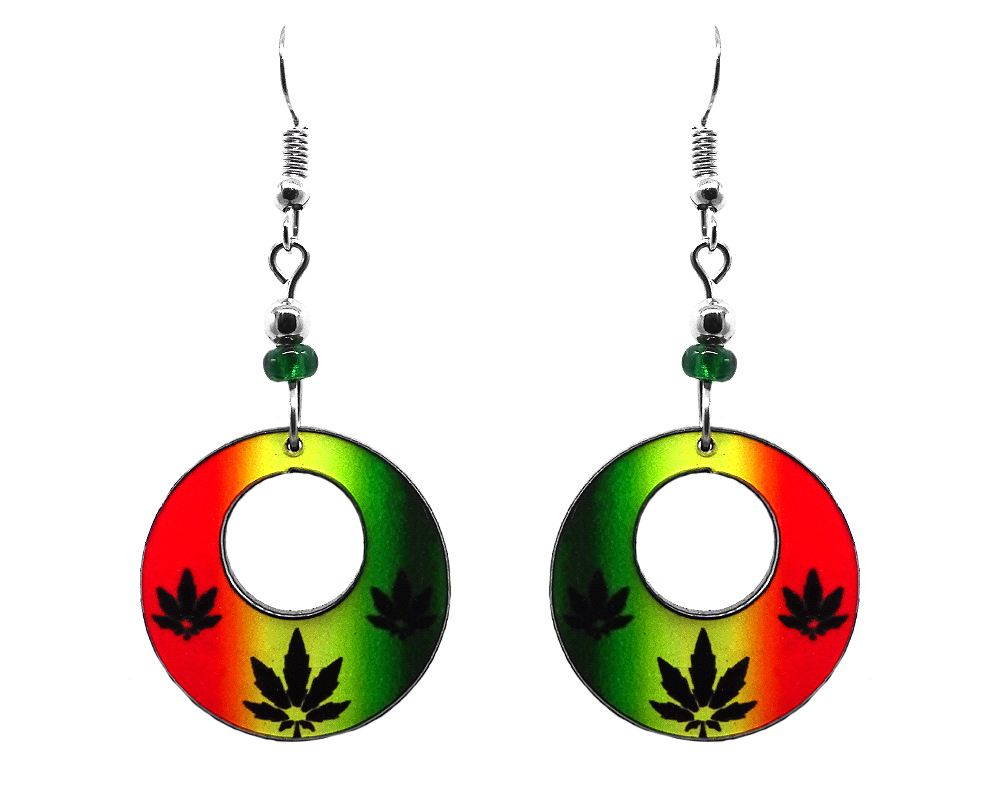 EA-046708010304 Round-shaped hoop triple cannabis pot leaf acrylic dangle earrings with beaded metal hooks in Rasta colors.