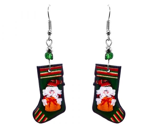 Christmas holiday themed Santa stocking acrylic dangle earrings with beaded metal hooks in dark green, red, and white color combination.