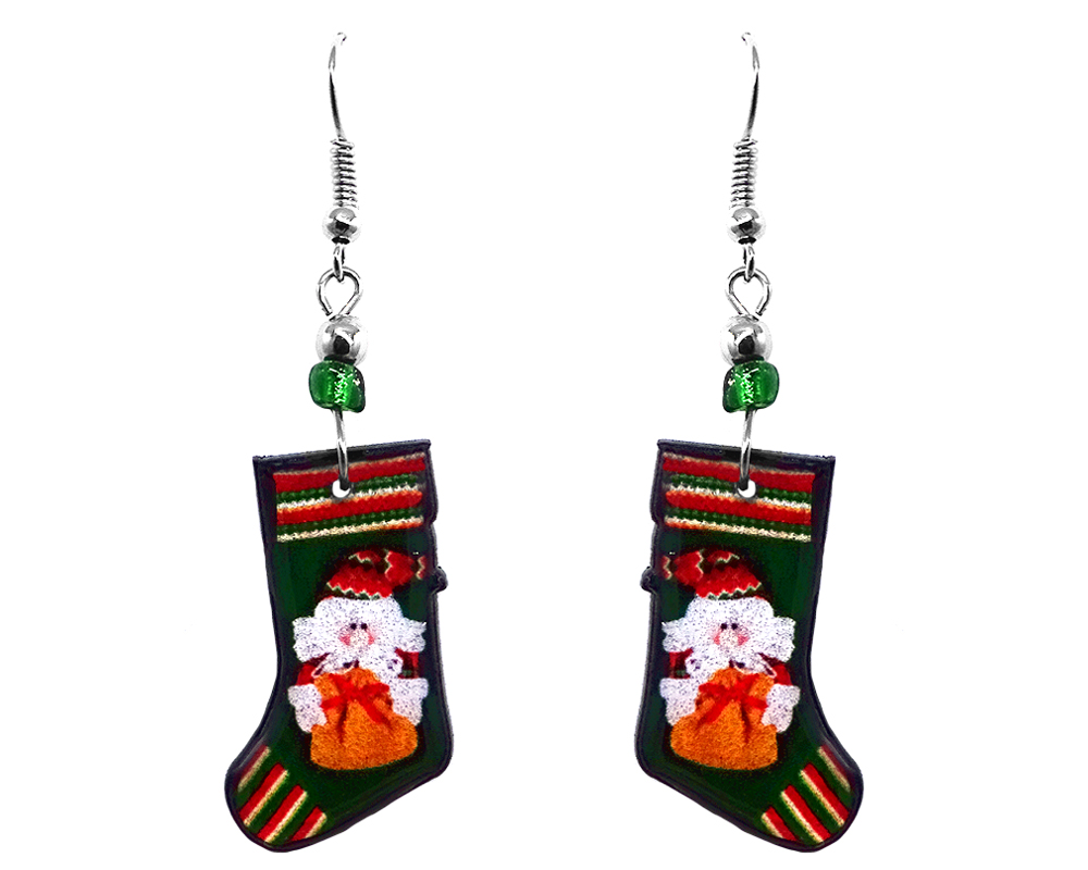 EA-047307240100 Christmas holiday themed Santa stocking acrylic dangle earrings with beaded metal hooks in dark green, red, and white color combination.
