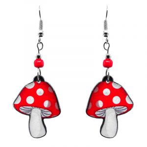 Amanita magic mushroom acrylic dangle earrings with beaded metal hooks in red and white color combination.