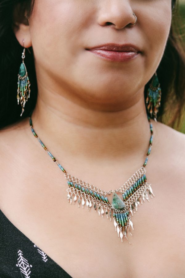 Mia Jewel Shop: Teardrop Stone Long Beaded Dangle Fringe Necklace and Earrings Jewelry Set