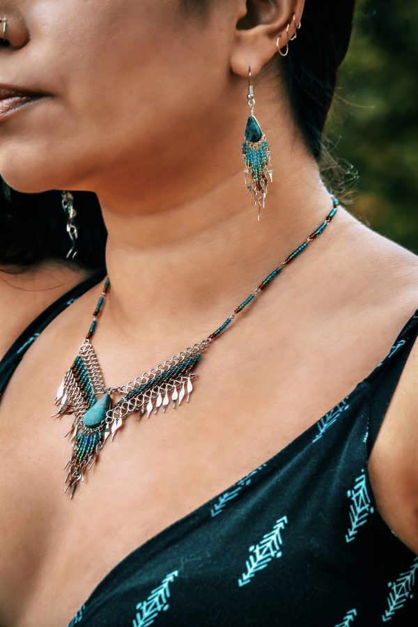 Mia Jewel Shop: Teardrop Stone Long Beaded Dangle Fringe Necklace and Earrings Jewelry Set