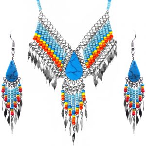 Mia Jewel Shop: Native American inspired teardrop-cut turquoise howlite stone beaded fringe chain necklace with long seed bead and alpaca silver metal dangles and matching earrings in light blue, turquoise, yellow, orange, and red color combination.
