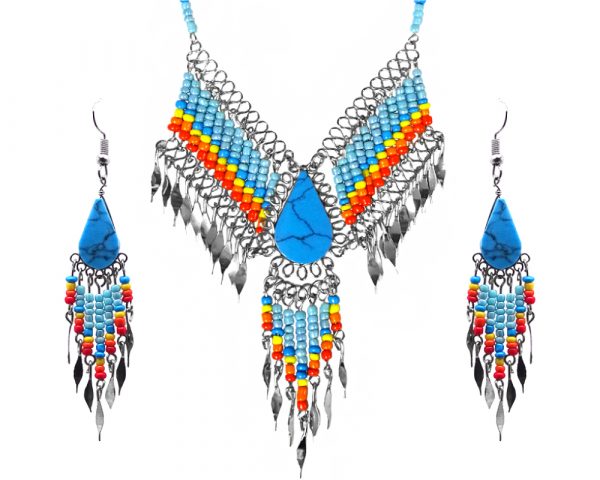Mia Jewel Shop: Native American inspired teardrop-cut turquoise howlite stone beaded fringe chain necklace with long seed bead and alpaca silver metal dangles and matching earrings in light blue, turquoise, yellow, orange, and red color combination.