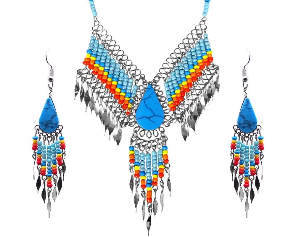 JS-020301350302 Mia Jewel Shop: Native American inspired teardrop-cut turquoise howlite stone beaded fringe chain necklace with long seed bead and alpaca silver metal dangles and matching earrings in light blue, turquoise, yellow, orange, and red color combination.