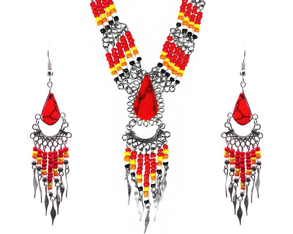 JS-020302010302 Mia Jewel Shop: Native American inspired teardrop-cut red jasper stone beaded multi strand chain necklace with long seed bead and alpaca silver metal dangles and matching earrings in red, yellow, orange, white, and black color combination.