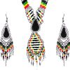 Mia Jewel Shop: Rasta-colored teardrop-cut black onyx stone beaded multi strand chain necklace with long seed bead diamond design and alpaca silver metal dangles and matching earrings in red, green, yellow, and black color combination.