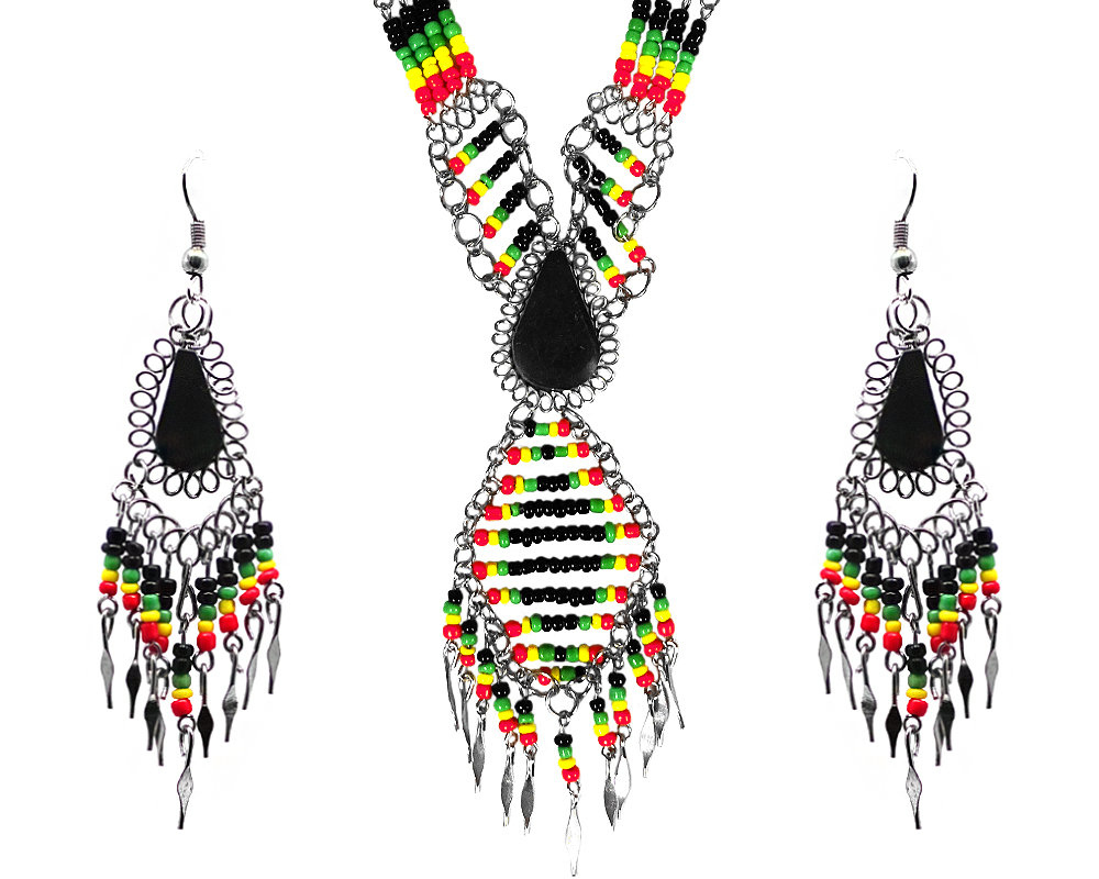 Mia Jewel Shop: Rasta-colored teardrop-cut black onyx stone beaded multi strand chain necklace with long seed bead diamond design and alpaca silver metal dangles and matching earrings in red, green, yellow, and black color combination.