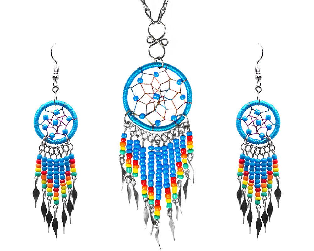Mia Jewel Shop: Native American inspired round-shaped beaded thread dream catcher chain necklace with long seed bead and alpaca silver metal dangles and matching earrings in turquoise blue, red, orange, yellow, and mint green color combination.