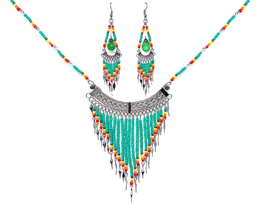 Mia Jewel Shop: Native American inspired beaded chain necklace with long seed bead and alpaca silver metal fringe dangles and matching teardrop-shaped glass bead chandelier earrings in mint, gold, yellow, orange, and red color combination.