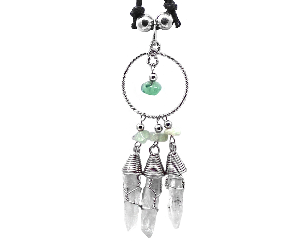 PN-010406001490 Three wire wrapped natural clear quartz crystal points on round silver metal hoop pendant with chip stone dangles on adjustable necklace in green aventurine.