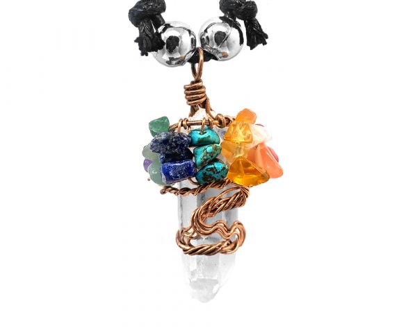 Copper wire wrapped Tree of Life natural clear quartz crystal point pendant with rainbow colored chip stones on adjustable necklace.