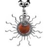 Handmade silver metal wire wrapped round-shaped gemstone cabochon crystal pendant with sun design on adjustable necklace in goldstone necklace.