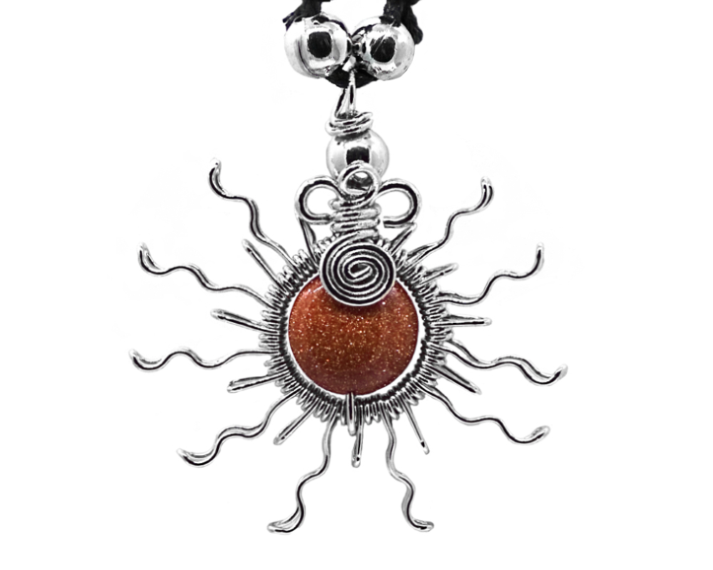 Handmade silver metal wire wrapped round-shaped gemstone cabochon crystal pendant with sun design on adjustable necklace in goldstone necklace.